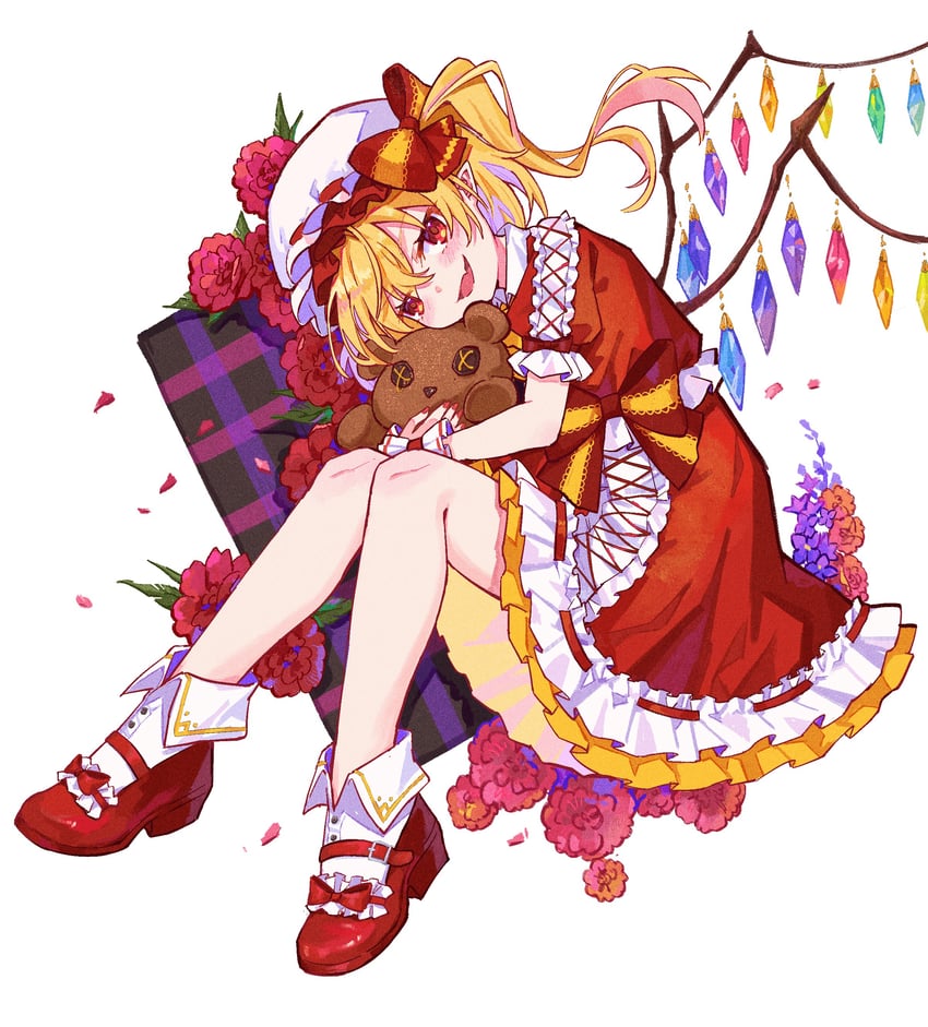 东方Project、芙兰朵露·斯卡蕾特 1名女孩 弓背 阿斯科特领巾 弯腰 金发
