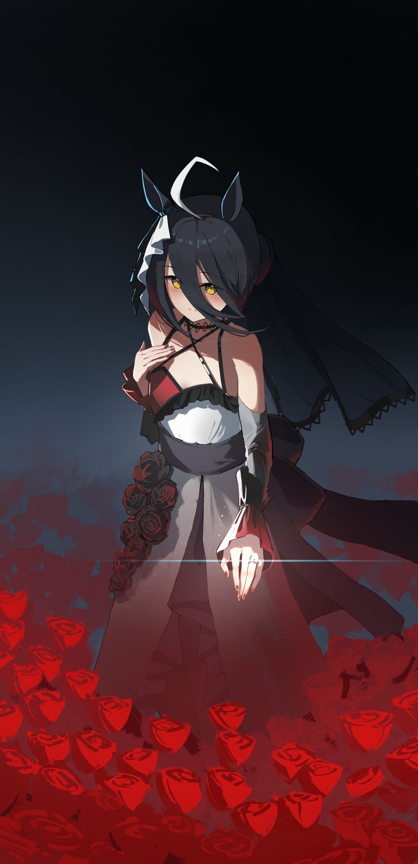 赛马娘、曼城茶座 (Mysterious Rose) (赛马娘)、曼城茶座 (赛马娘) 1名女孩 呆毛 兽耳 露肩 黑发