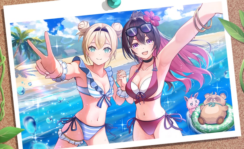 Hololive、AZKi、风真伊吕波 2名女孩 动物 举手 腋下 海滩