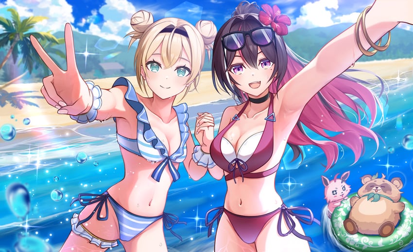 Hololive、AZKi、风真伊吕波 2名女孩 动物 举手 腋下 海滩