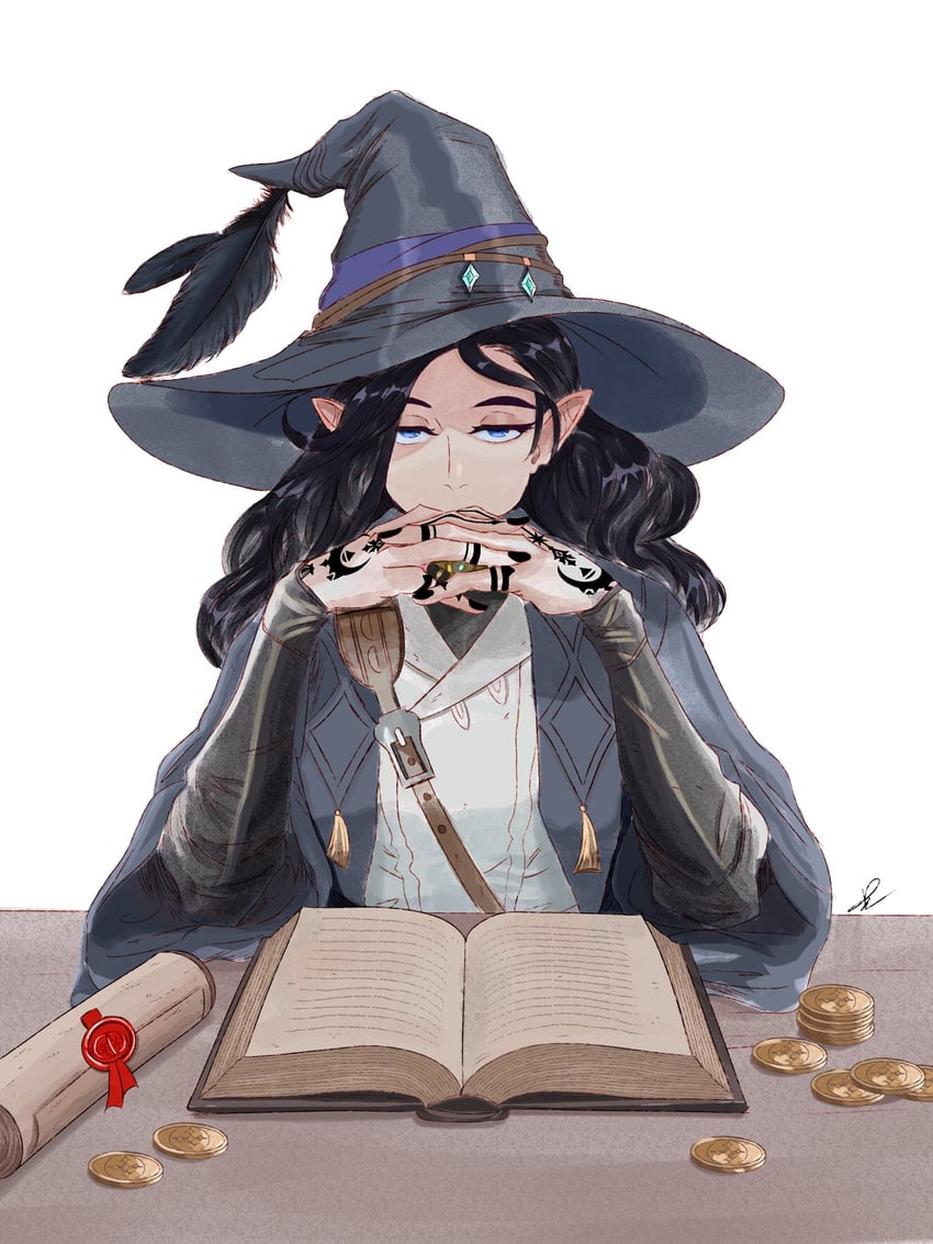 二次元插画 1名女孩 手臂纹身 黑羽毛 黑发 黑色指甲