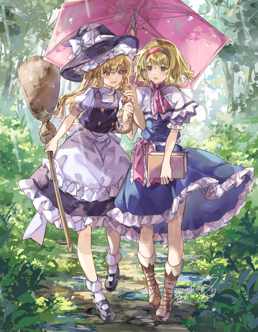 东方Project、爱丽丝·玛格特罗依德、雾雨魔理沙 2名女孩 围裙 黑帽子 黑色裙子 黑色马甲