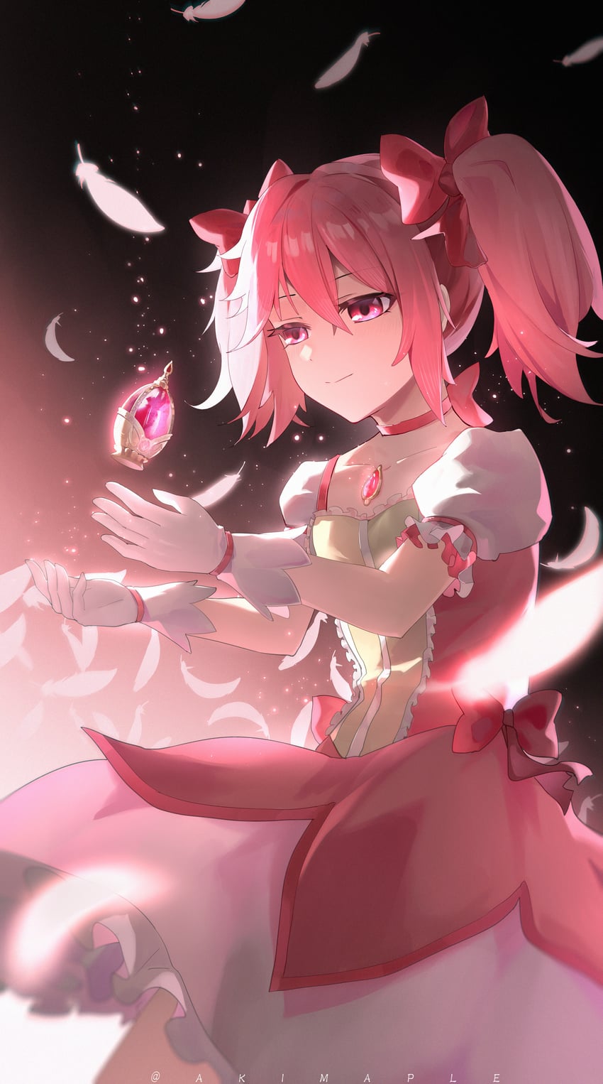魔法少女小圆、魔法少女小圆、鹿目圆 1名女孩 作者名 黑色背景 蝴蝶结 项圈