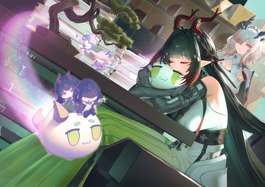 明日方舟、明日方舟：终末地、管理员 (明日方舟) 3人女子 猫脸笑 呆毛 兽耳 角上的绷带