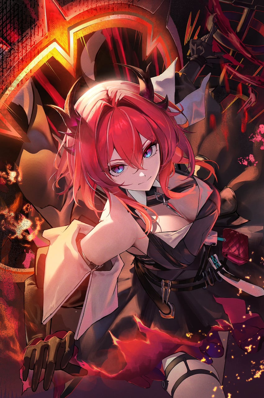 明日方舟、明日方舟：终末地、莱瓦汀 (明日方舟) 1名女孩 露肩 黑色连衣裙 黑色手套 黑角