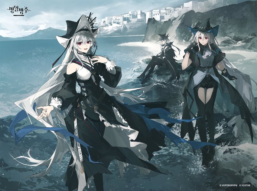 明日方舟、歌蒂 (明日方舟)、斯卡蒂 (明日方舟) 3人女子 :D 放射线条/杂草 阿斯科特领巾 海滩