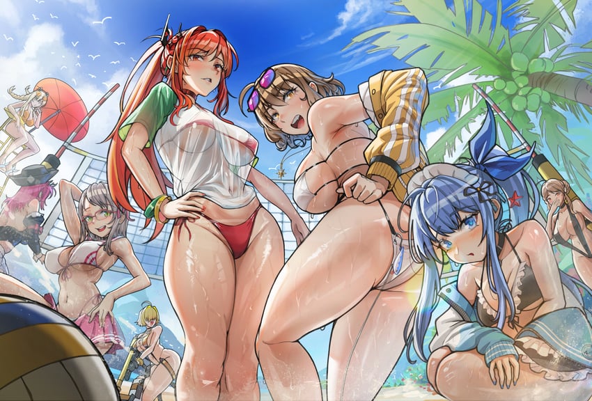 胜利女神：妮姬、安克（纯洁女仆）（胜利女神：妮姬）、安克 (妮姬) 球 海滩 比基尼 蓝天 脸红