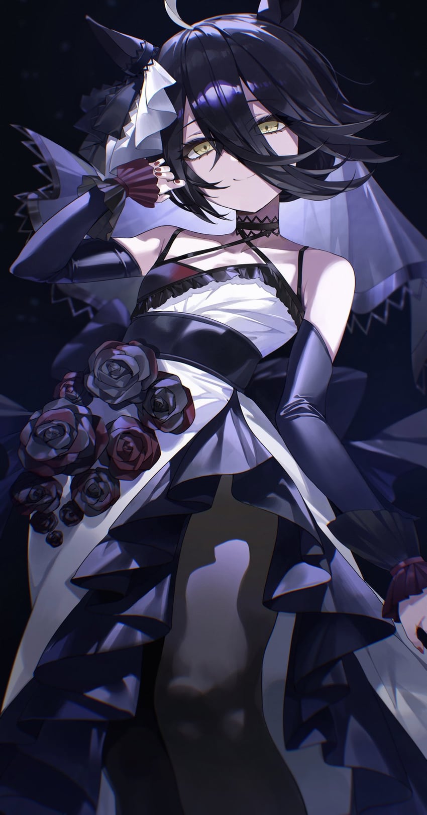 赛马娘、曼城茶座 (Mysterious Rose) (赛马娘)、曼城茶座 (赛马娘) 1名女孩 兽耳 露肩 黑花 黑发