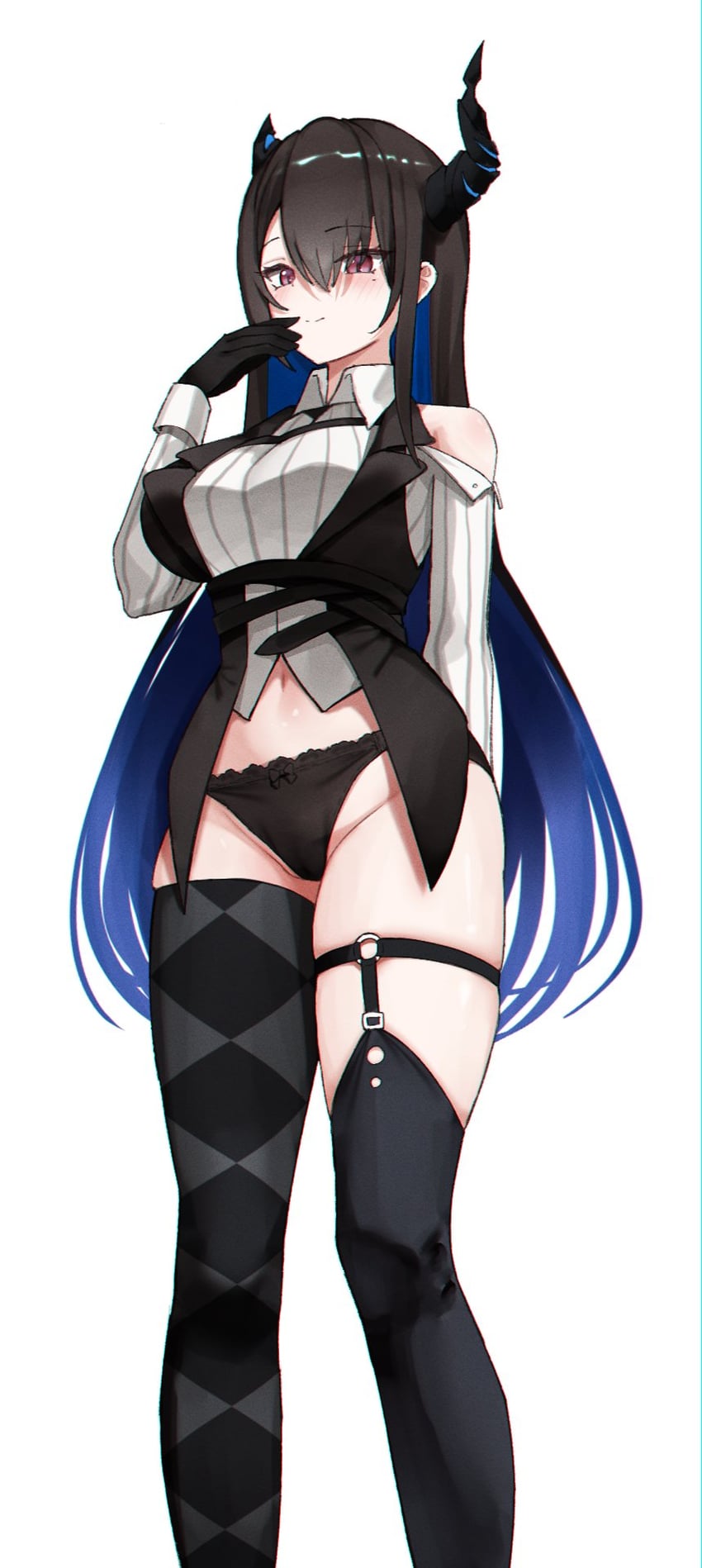 Hololive、Hololive英语、涅莉莎·雷文克劳夫特 1名女孩 菱格纹衣服 菱格过膝袜 不对称角 不对称腿部穿着