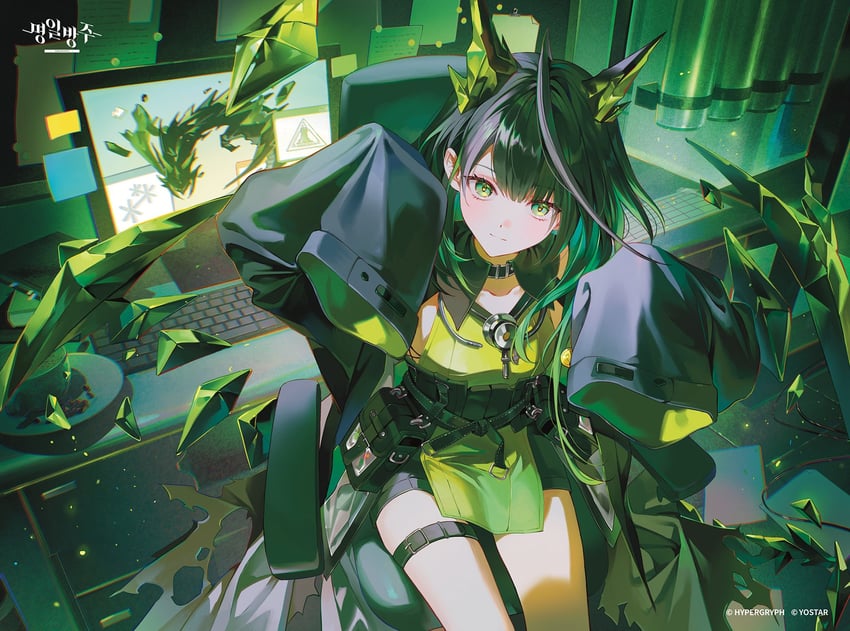 明日方舟、Mon3tr (明日方舟) 1名女孩 作者名 黑发 黑色短裤 椅子