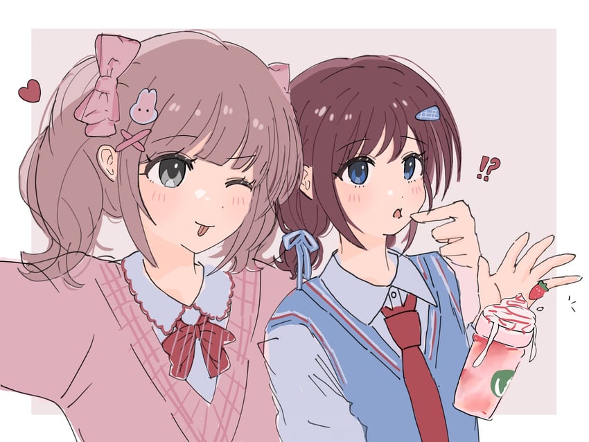 少女乐队的呐喊、雏 (Girls Band Cry)、井芹仁菜 2名女孩 蓝色背心毛衣 脸红 边框 蝴蝶结