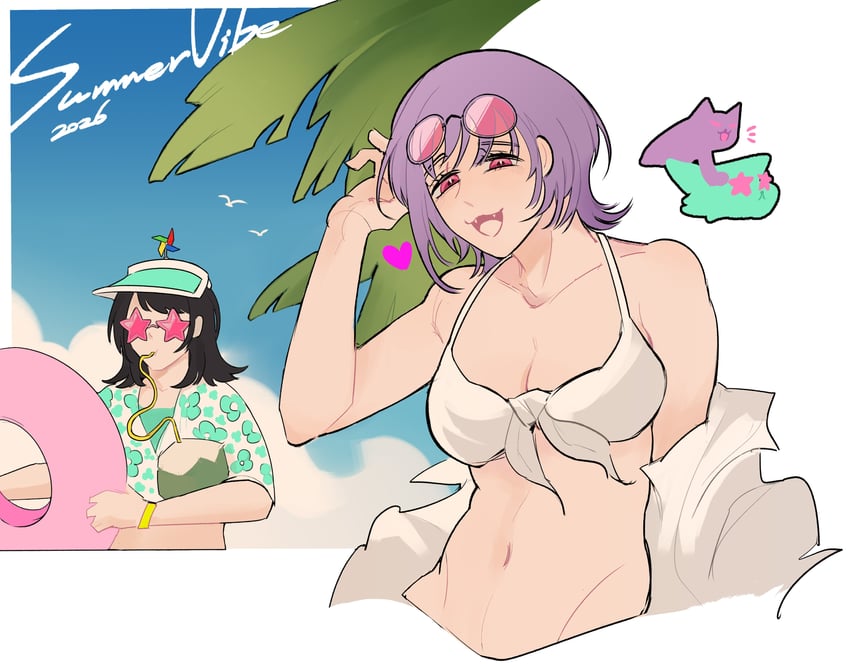BanG Dream!、Bang Dream! It's MyGO!!!!!、八幡海铃 2名女孩 猫脸笑 比基尼 乳房 椰子