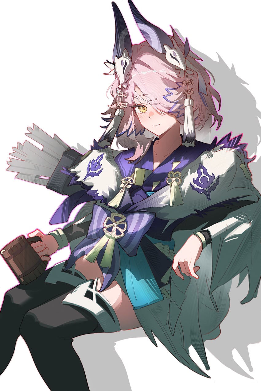 明日方舟、怪物猎人系列、梓兰 (明日方舟) 1名女孩 箭 啤酒杯 鸟娘 黑色过膝袜