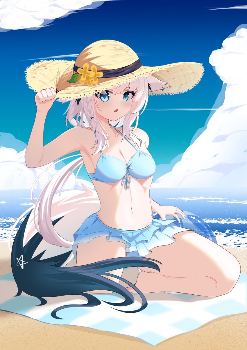 Hololive、白上吹雪、白上吹雪 (Hololive Summer 2019) 1名女孩 兽耳毛 兽耳穿孔 兽耳 露肩