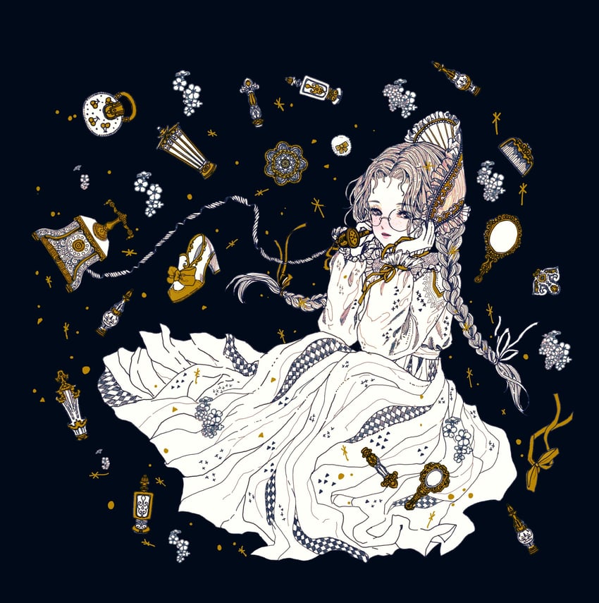 原创 1名女孩 古董电话 包 黑色背景 软帽