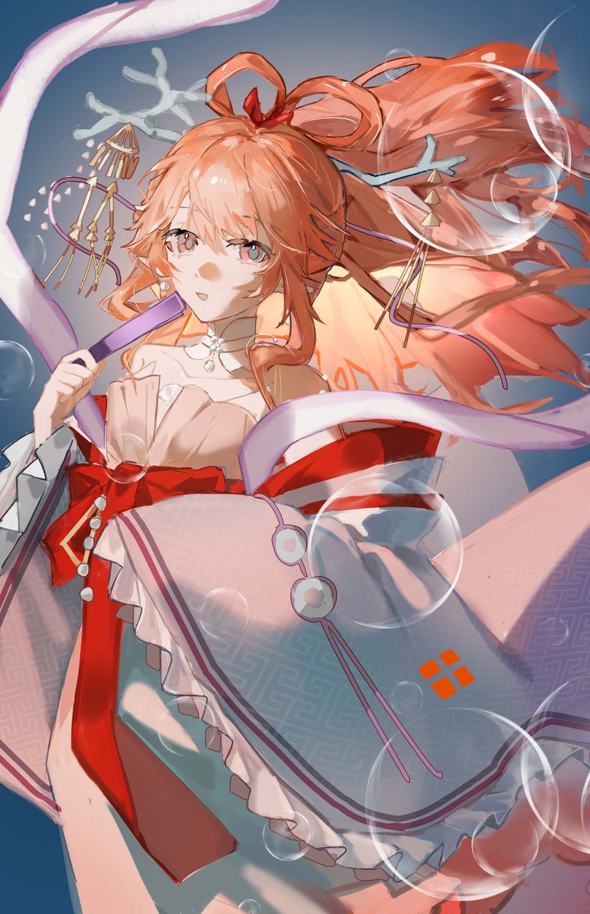 明日方舟、榛果 (明日方舟)、遥 (乌托邦游离) (明日方舟) 1名女孩 露肩 蓝色背景 气泡 中国风服饰