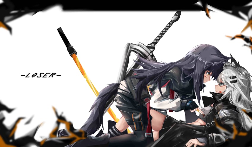 明日方舟、拉普兰德 (明日方舟)、德克萨斯 (明日方舟) 2名女孩 四肢着地 兽耳毛 兽耳 黑色小披肩