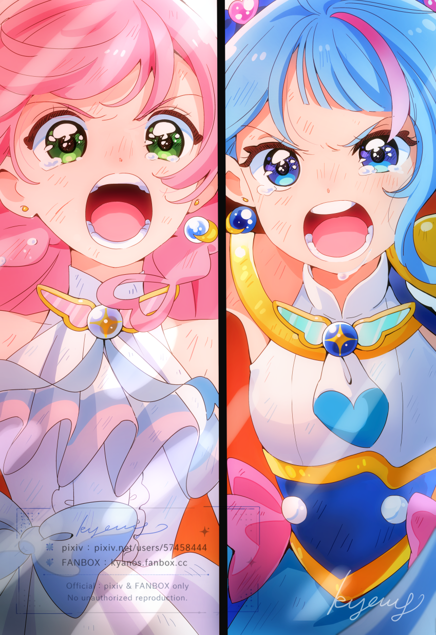 开阔天空！光之美少女、光之美少女、棱镜天使 2名女孩 作者名 阿斯科特领巾 蓝色蝴蝶结 蓝色连衣裙