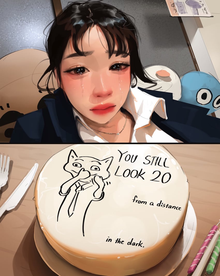 原创 1名女孩 两格漫画 卧蚕 黑发 黑色夹克