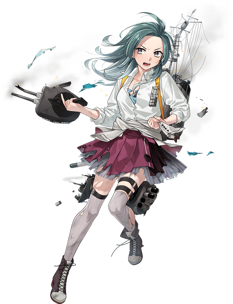 舰队Collection、凉波 (舰队收藏)、suzunami kai ni (kancolle) 1名女孩 改造炮塔 烧焦的衣服 衣服围在腰上 损坏