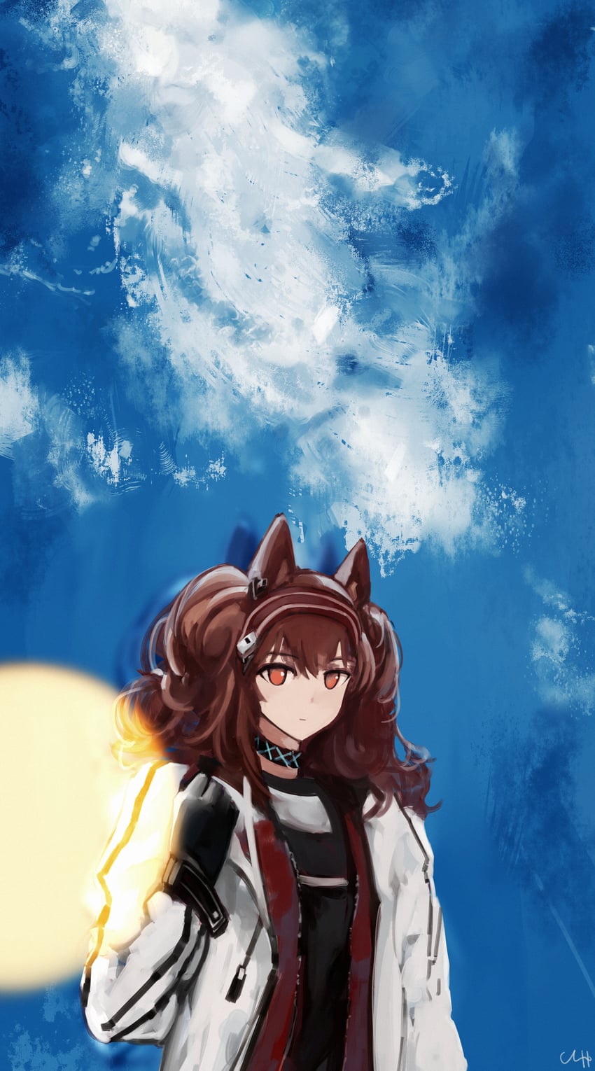 明日方舟、安洁莉娜 (明日方舟) 1名女孩 兽耳 黑色手套 黑衬衫 蓝天