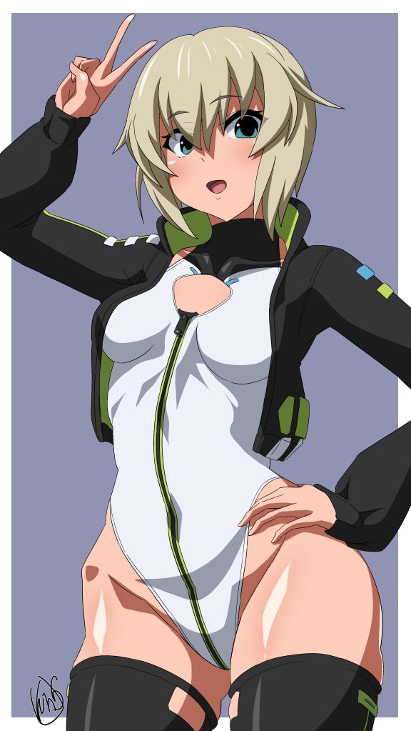 机甲爱丽丝、机甲少女、轰雷 1名女孩 黑色夹克 黑色过膝袜 金发 蓝色背景