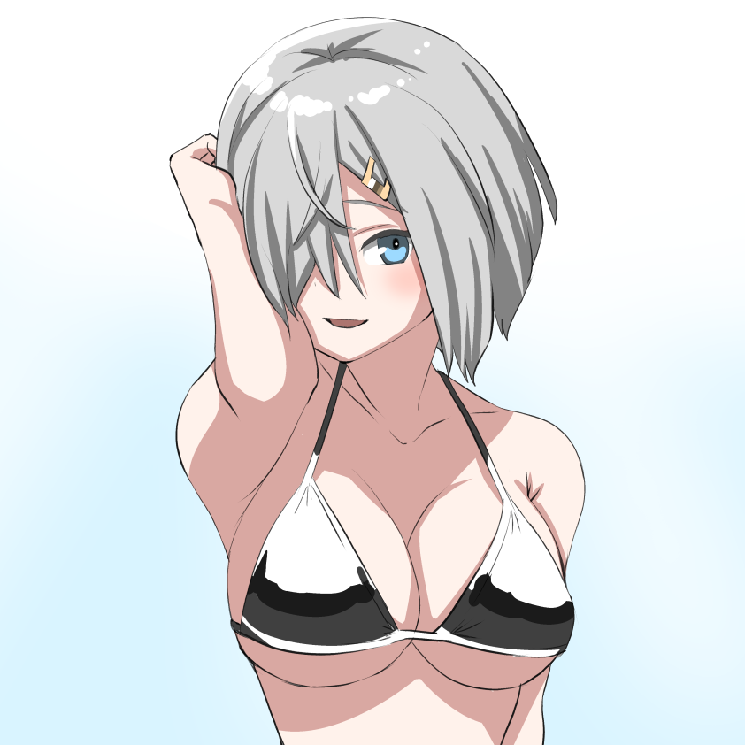 舰队Collection、滨风 (舰队Collection) 1名女孩 比基尼 蓝色背景 蓝眼 波波头
