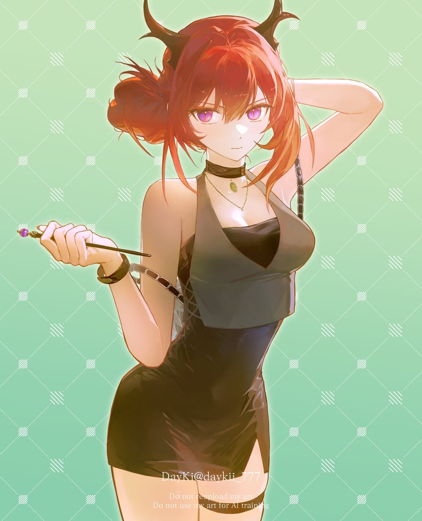 明日方舟、史尔特尔 (明日方舟) 1名女孩 替换服装 黑色项圈 黑色连衣裙 黑角