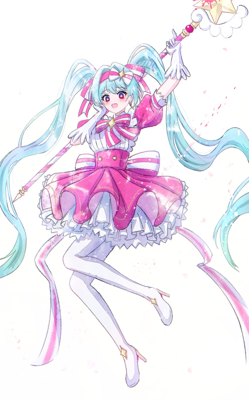 立刻轮回 (Vocaloid)、VOCALOID、初音未来 1名女孩 水色发 举手 蝴蝶结 连衣裙