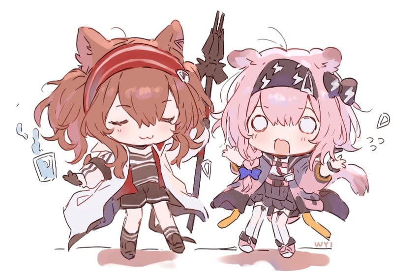明日方舟、安洁莉娜 (明日方舟)、澄闪 (明日方舟) 2名女孩 猫脸笑 兽耳毛 兽耳 黑色蝴蝶结