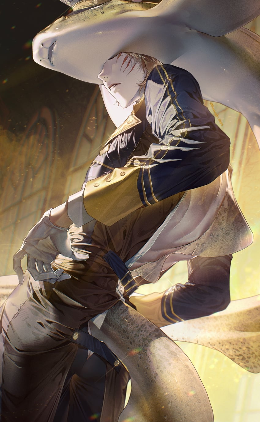 原创 1名男孩 露背装 蓝色夹克 蓝色裤子 鳍