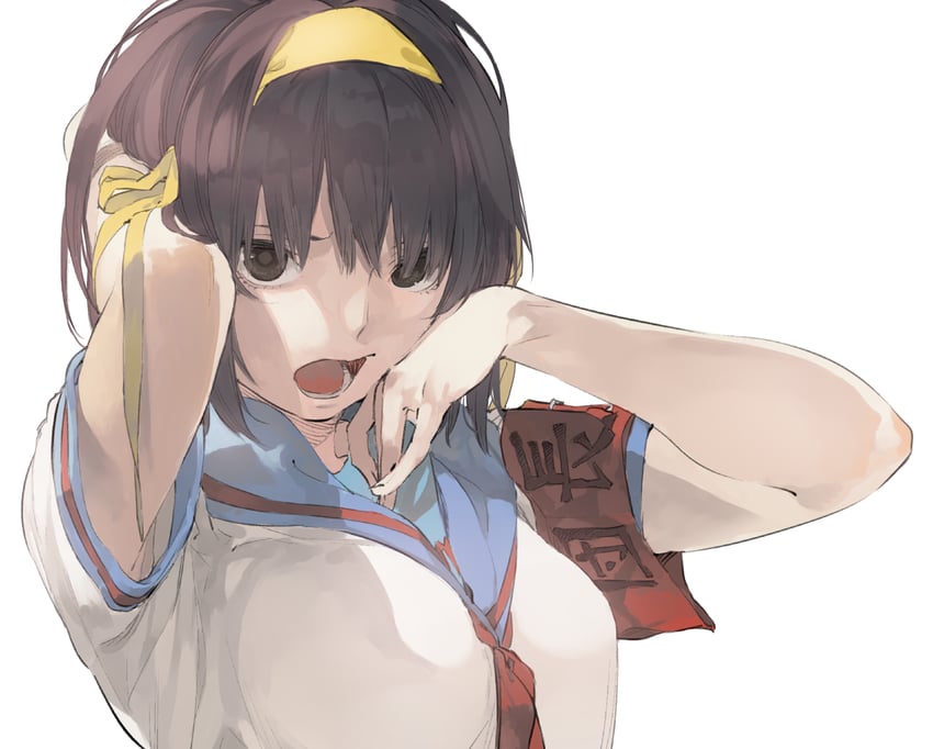凉宫春日的忧郁、凉宫春日 1名女孩 举手 露腋 蓝色水手领 乳房