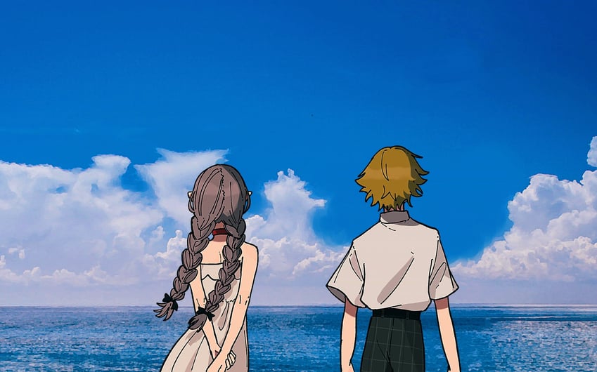 彩虹社、魔界之莉莉姆、魔界之莉莉姆 (第3套服装) 1名男孩 1名女孩 双手背在身后 金发 辫子