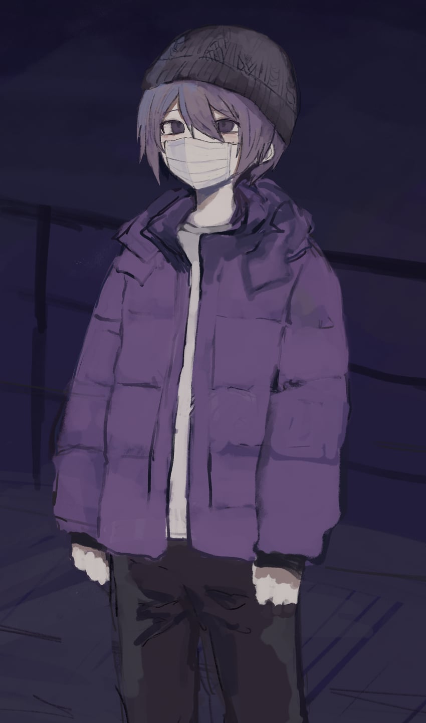 原创 1名男孩 手放在身体两侧 针织帽 黑帽子 黑裤子