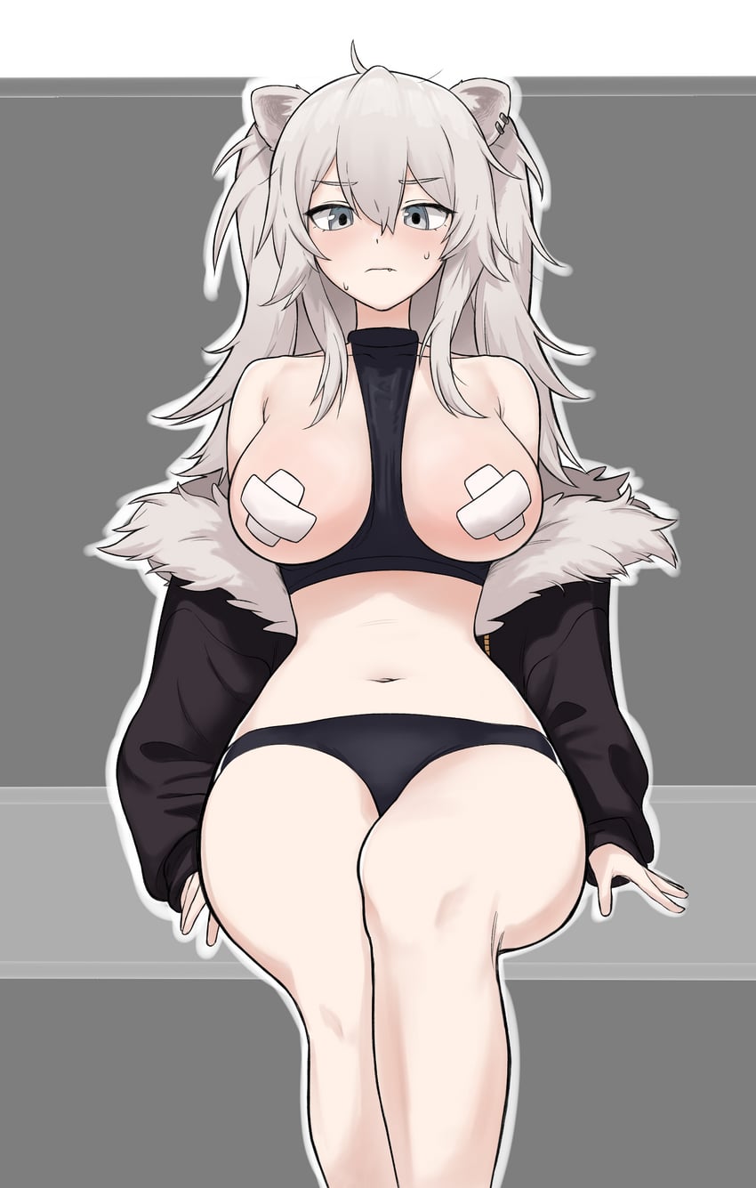 Hololive、狮白牡丹 1名女孩 兽耳 创可贴 乳头贴 黑色夹克