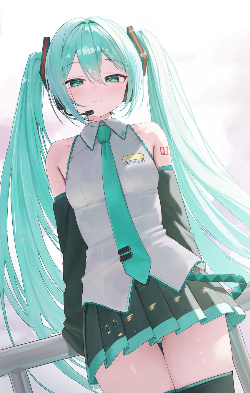 VOCALOID、初音未来 1名女孩 水色瞳 水色发 水蓝色领带 水蓝色饰边