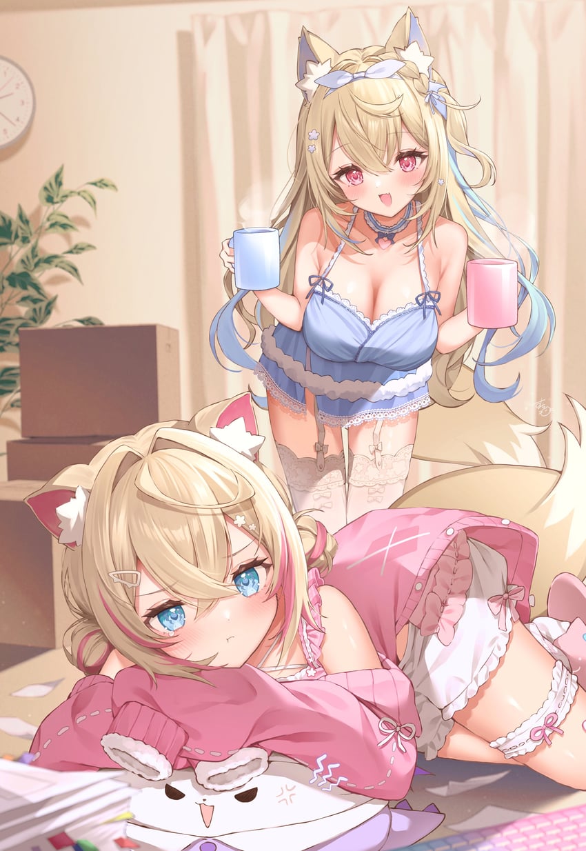 Hololive、Hololive英语、芙华瓦·阿比斯嘉德 2名女孩 青筋 生气 兽耳毛 兽耳