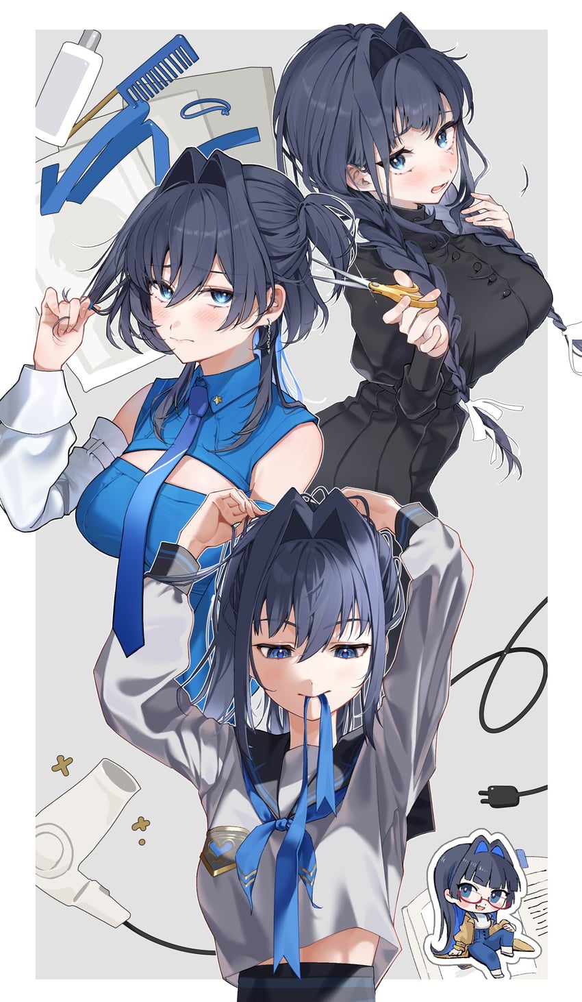 Hololive、Hololive英语、议会 (Kronii) 1名女孩 整理头发 举起双手 黑色连衣裙 蓝眼