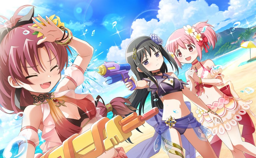 魔法少女小圆、魔法少女小圆、魔法少女小圆 Magia Exedra 3人女子 微笑 呆毛 后背蝴蝶结 裸臂