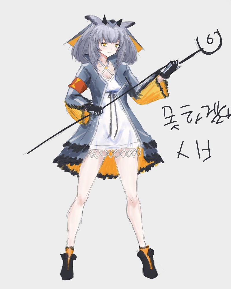 明日方舟、白面鸮 (明日方舟) 1名女孩 臂章 裸腿 黑色靴子 黑色手套