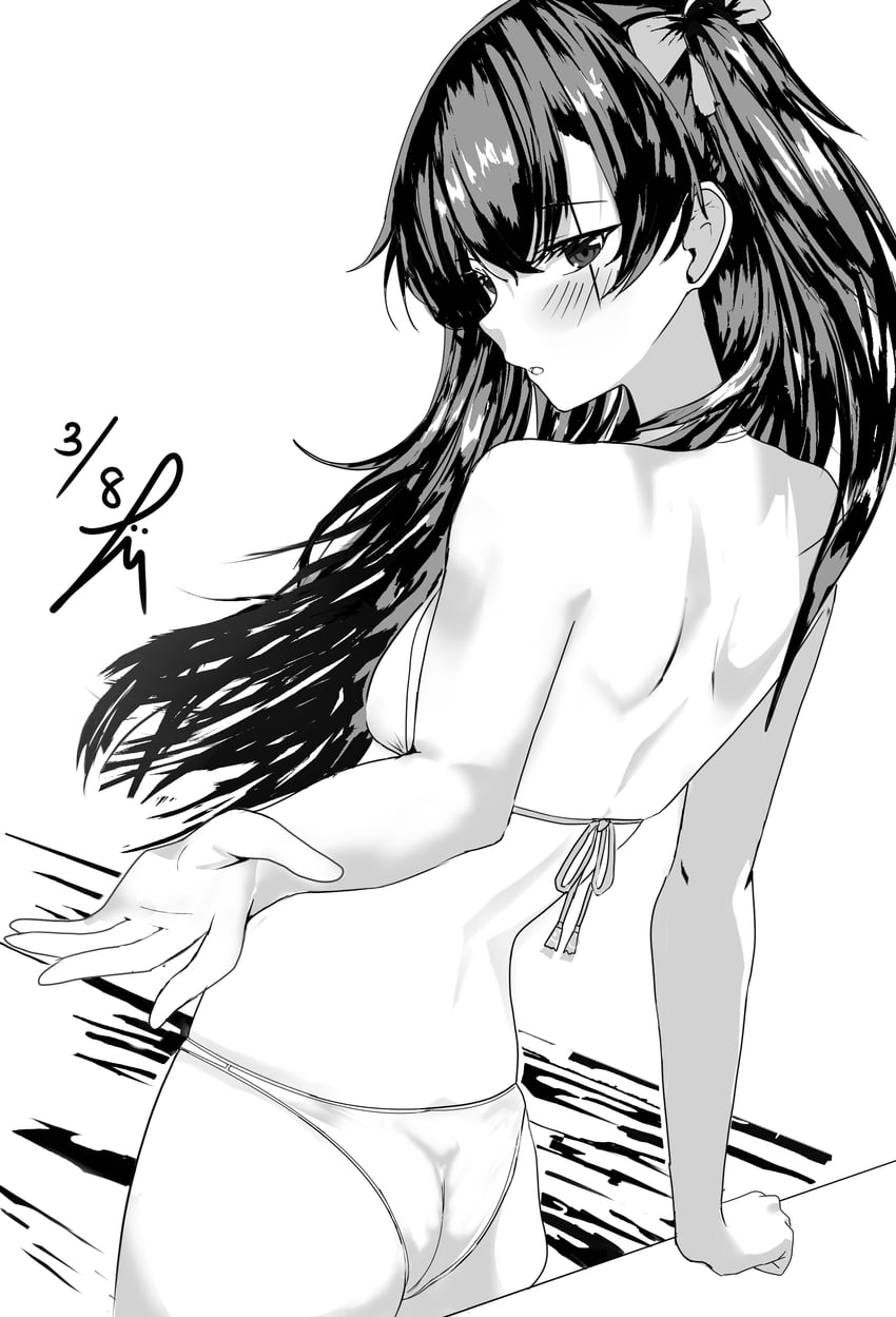 少女前线、UMP45 (少女前线) 屁股 背影 后景聚焦 比基尼 脸红