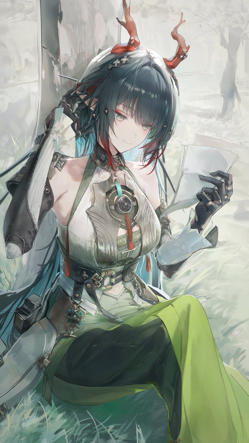 明日方舟、明日方舟：终末地、庄芳怡 (明日方舟) 1名女孩 鹿角 黑色手套 黑发 乳房