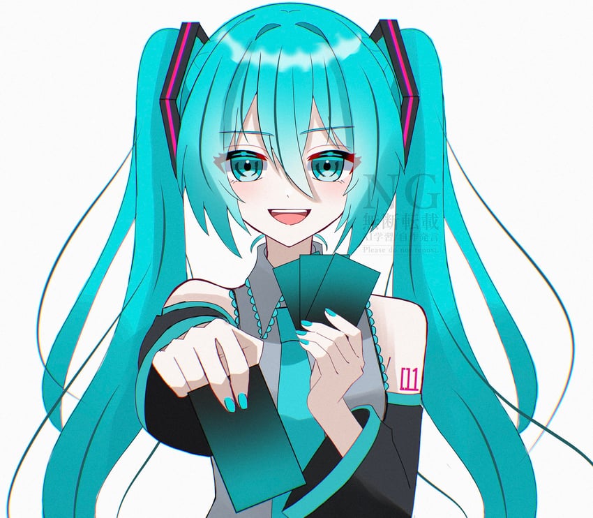 VOCALOID、初音未来 1名女孩 水色瞳 水色发 水蓝色指甲 水蓝色领带