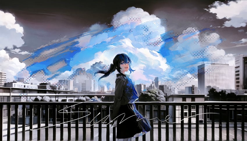 原创 1名女孩 黑衬衫 黑色裙子 蓝眼 蓝发