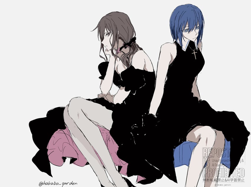 月姬、月姬 (重制版)、希耶尔 (月姬) 2名女孩 作者名 露肩 黑色连衣裙 蓝眼