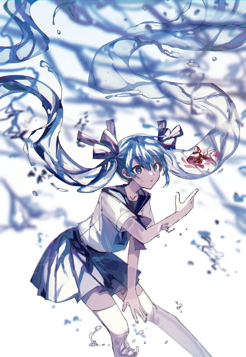 VOCALOID、瓶中初音、初音未来 1名女孩 蓝眼 蓝发 双团子头 褪色