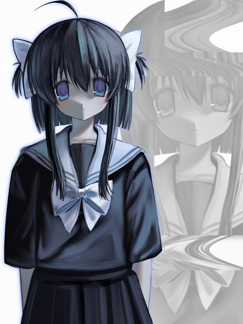 原创 1名女孩 呆毛 黑发 黑色水手服 黑色裙子