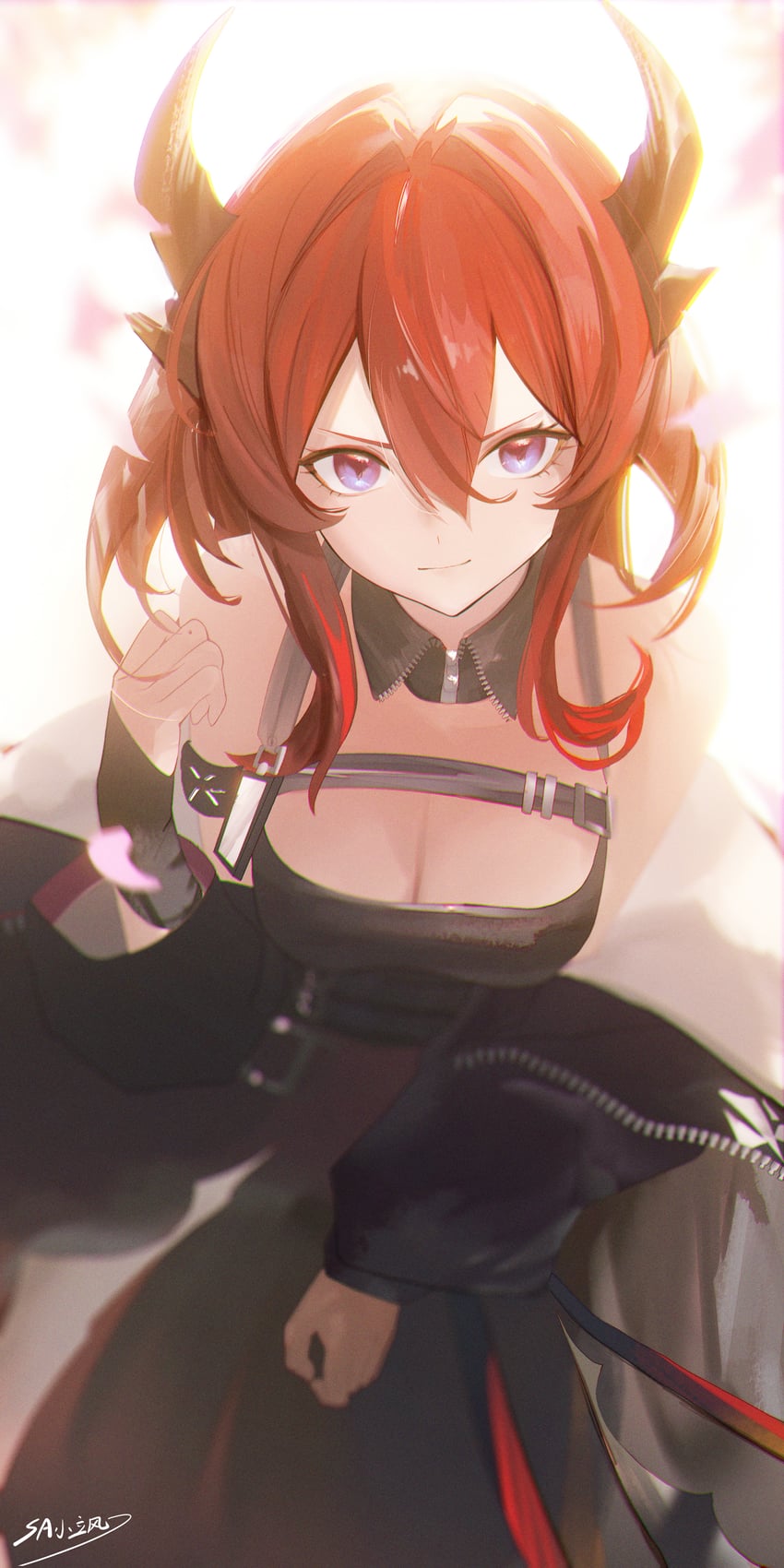 明日方舟、明日方舟：终末地、莱瓦汀 (明日方舟) 1名女孩 露肩 黑色连衣裙 黑角 乳房