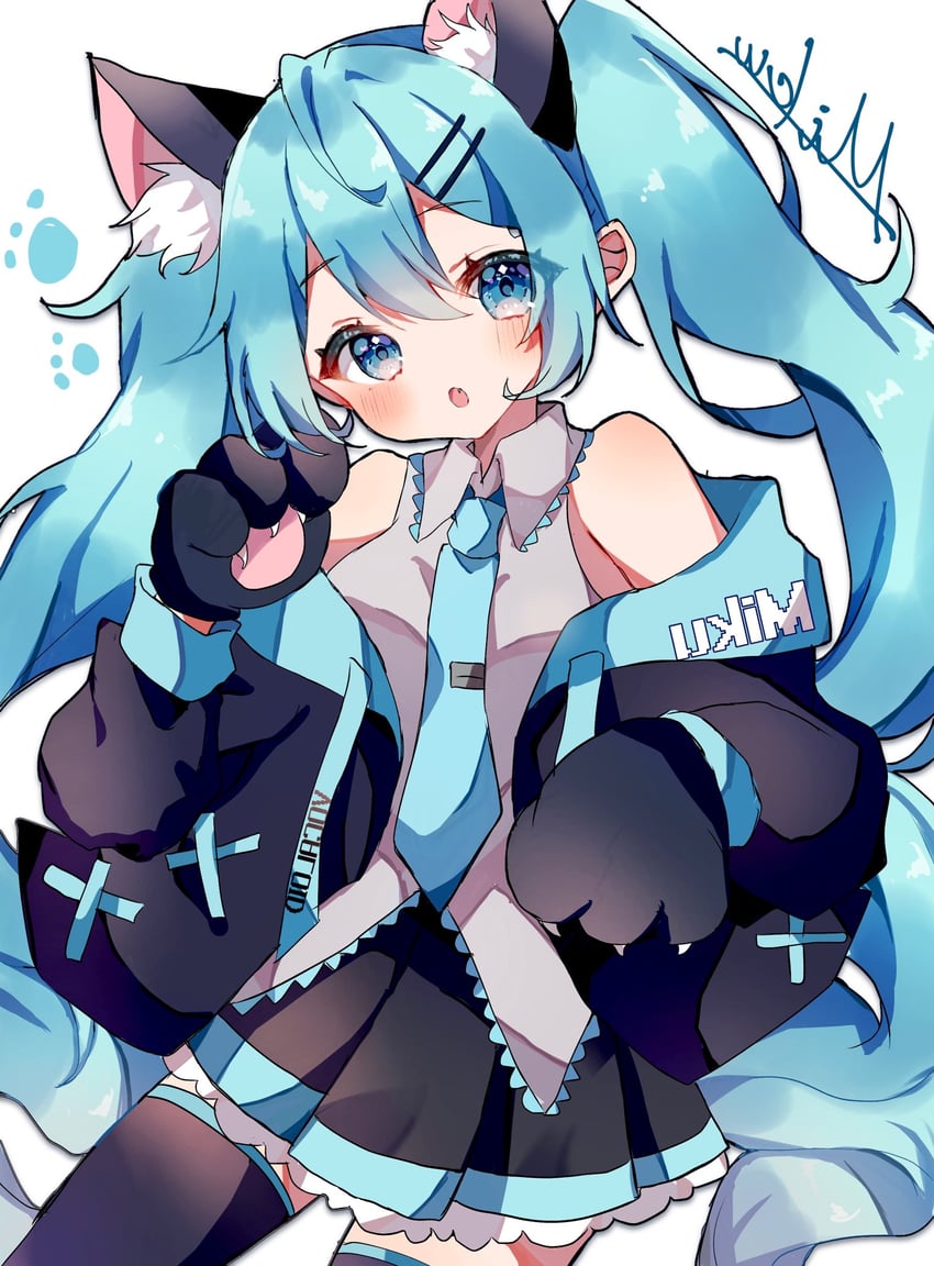 VOCALOID、初音未来 1名女孩 兽耳毛 兽耳 动物手 水色瞳