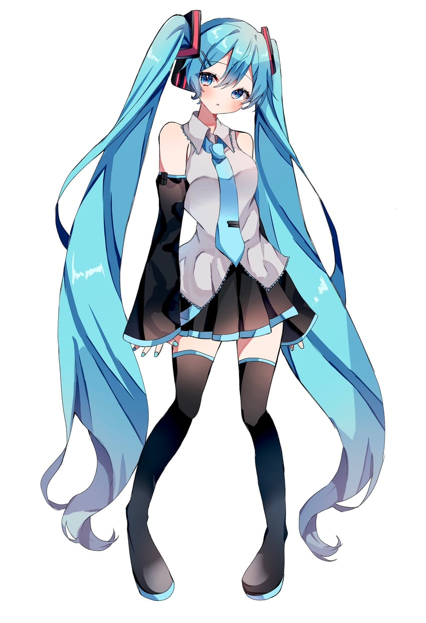 VOCALOID、初音未来 1名女孩 水色瞳 水色发 水蓝色指甲 水蓝色领带